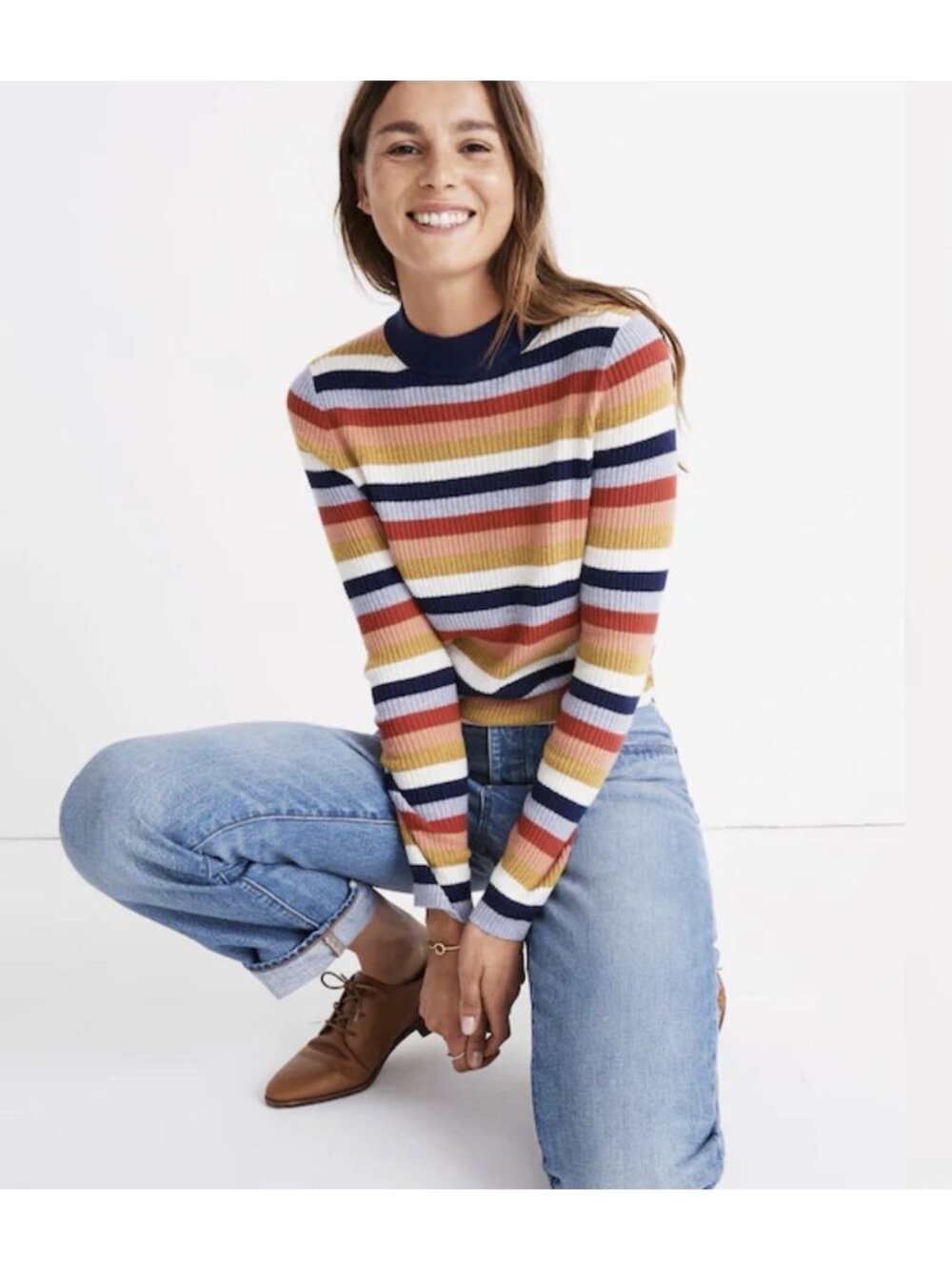 Madewell 70s Retro Multi Color Striped Ribbed Mockneck Sweater XL Wool Alpaca